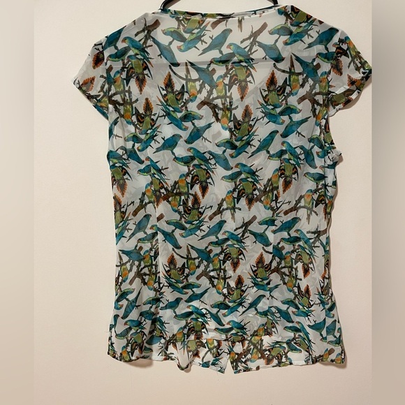 Lovely Sheer Tropical Birds Cap Sleeve Button Down Women’s M - Picture 4 of 7